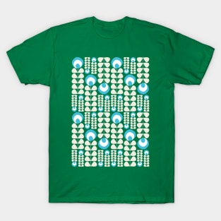 Green, Light Blue, Cream Mid Mod Flowers Pattern T-Shirt